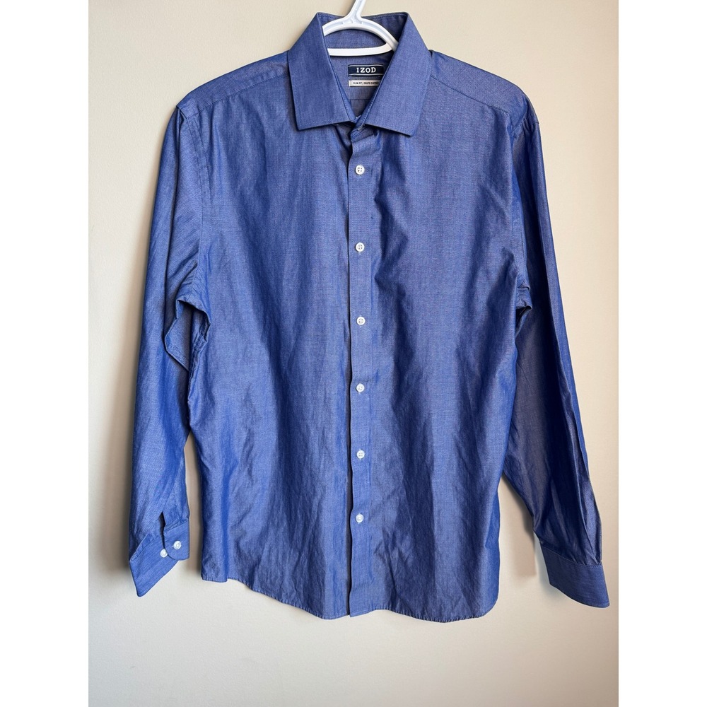 IZOD Slim Fit Long Sleeve Button Up Dress Shirt Blue 15.5 Iridescent Preppy Chic
